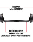A 5,200 pound capacity drop trailer axle with drum brakes measurement guide.