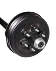 Close up of a 6,000 pound capacity round drop trailer axle brake drum.